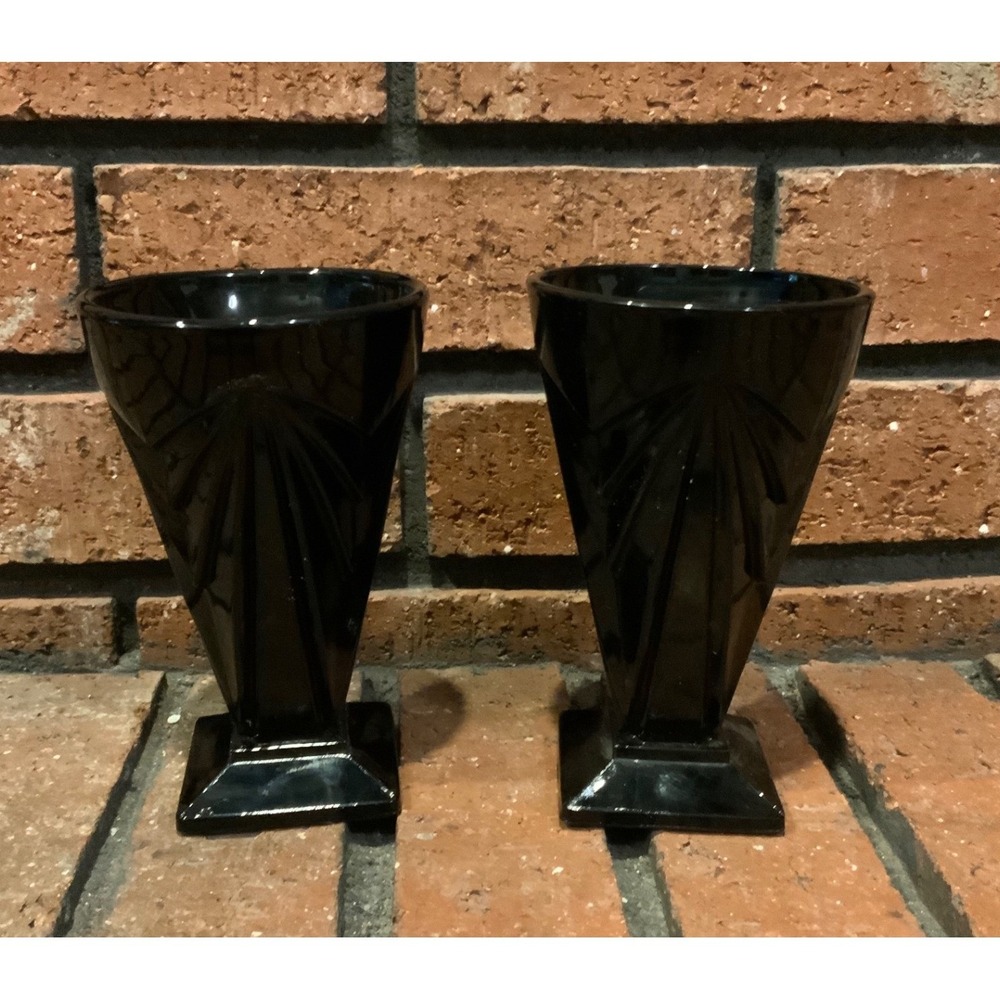 Vintage Tiara Black Glass Cups Pyramid Style Indiana Glass Art Deco 5.5"